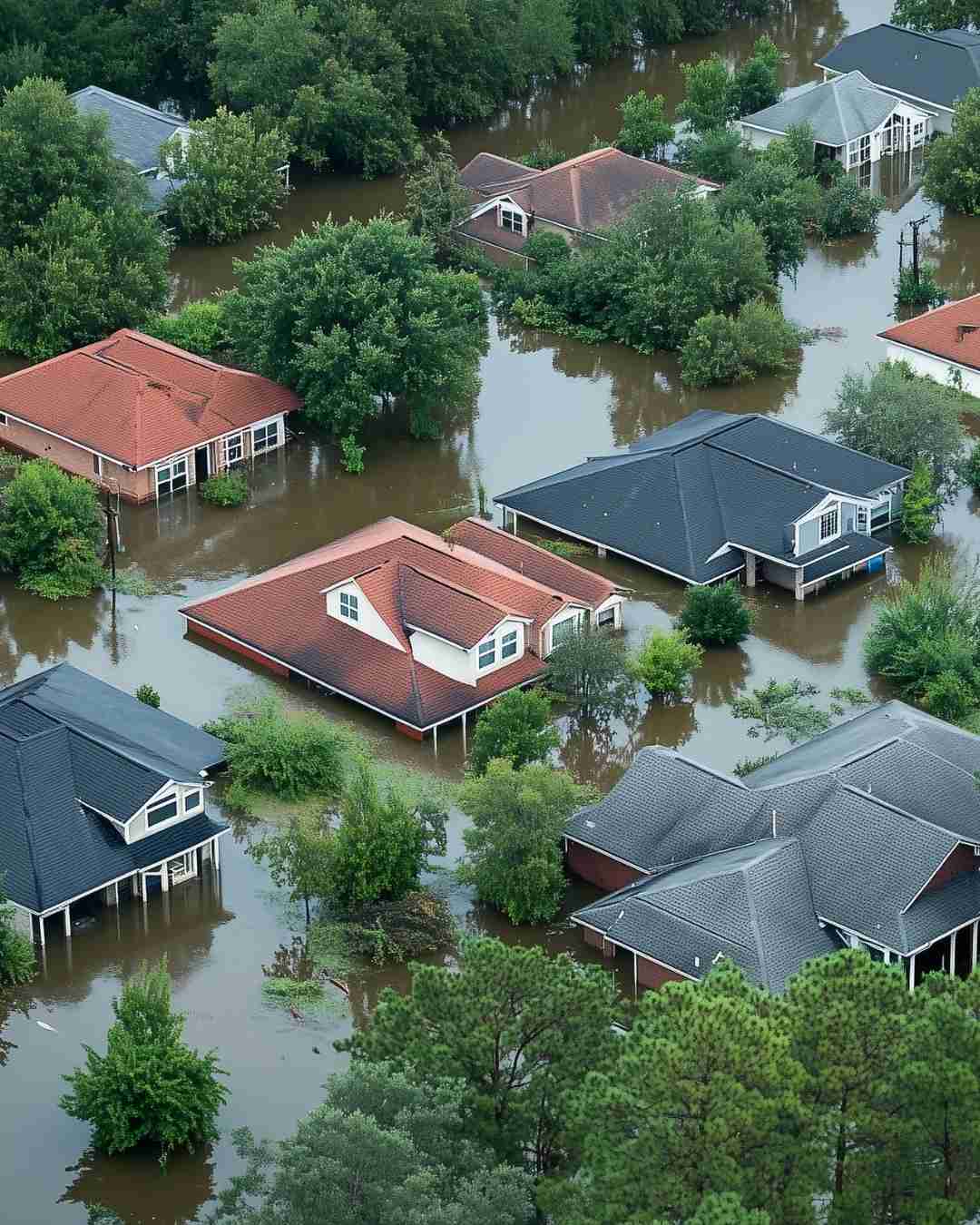 Flooded neighborhood with submerged houses and trees after heavy rain.