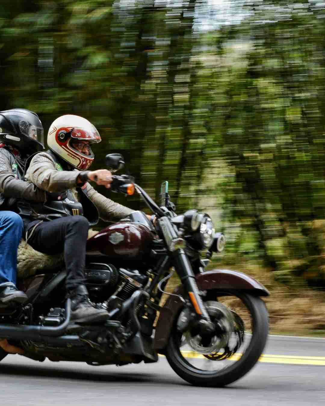 Motorcycle riders wearing helmets on a scenic road.