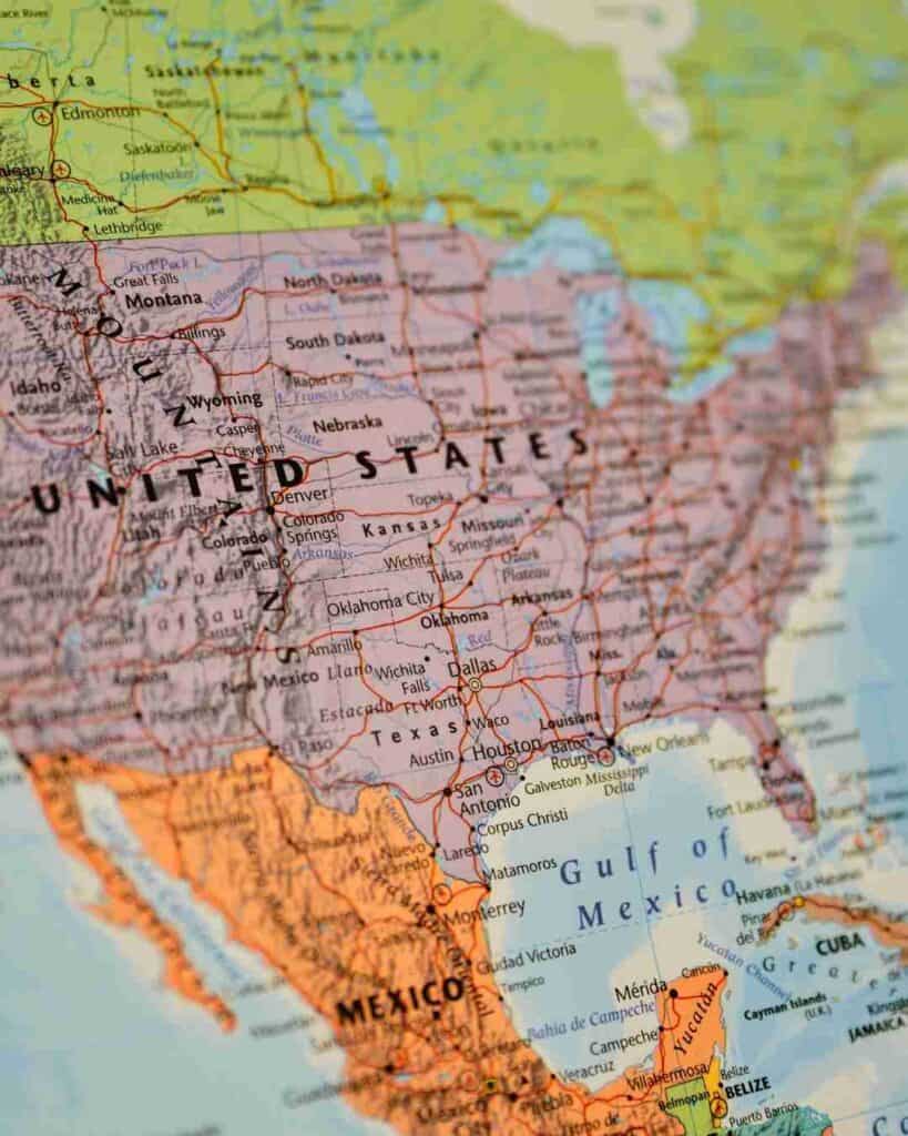 Map showing the US, Mexico, and parts of Canada with state and country borders.